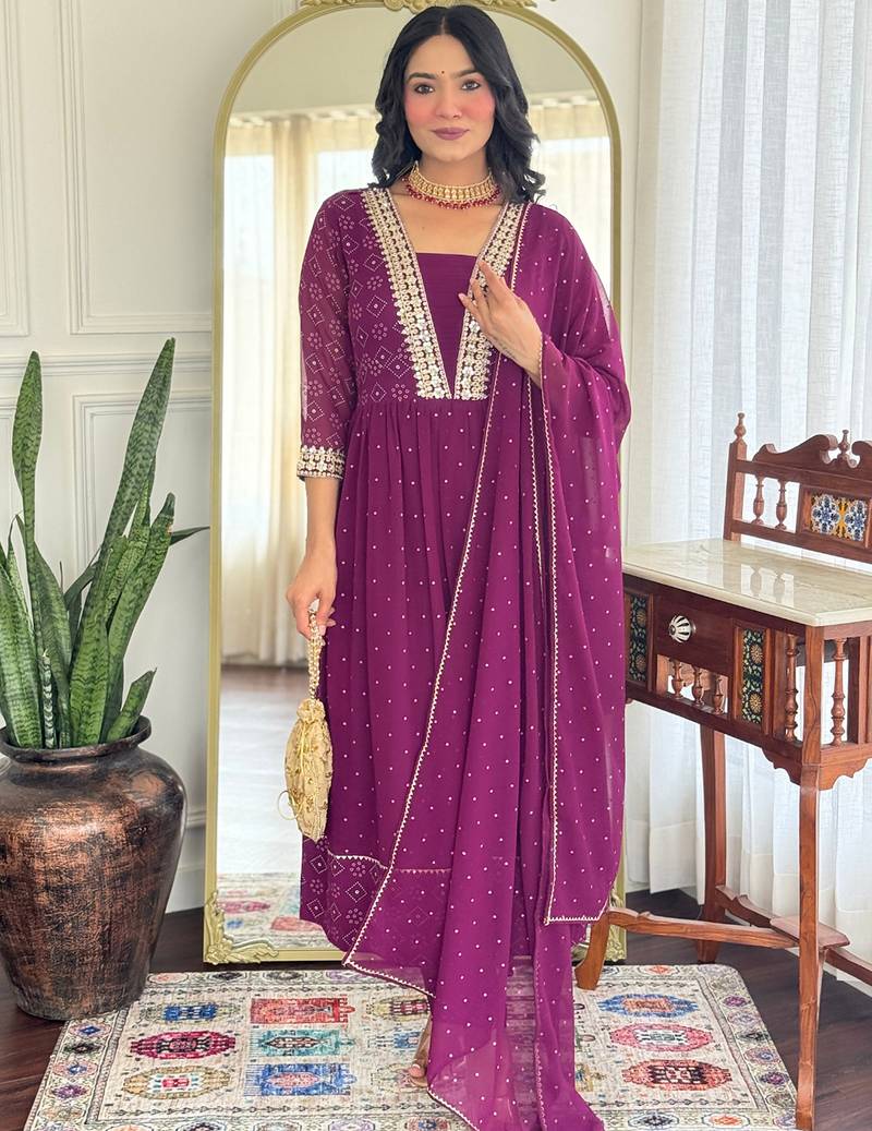 Wine georgette print with thread embroidery work kurta pant set
