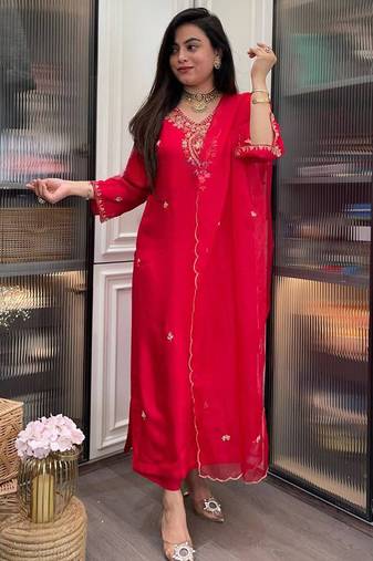 Red rayon heavy thread embroidery work kurta pant set