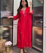 Red rayon heavy thread embroidery work kurta pant set