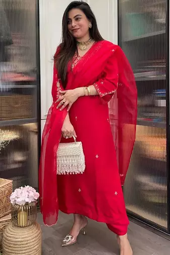 Red rayon heavy thread embroidery work kurta pant set