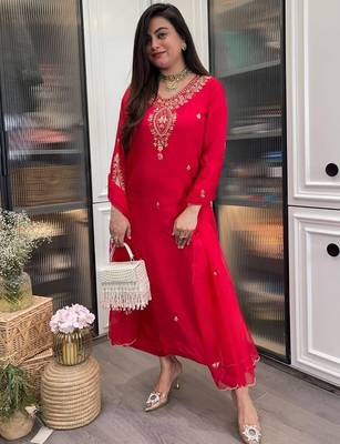 Red rayon heavy thread embroidery work kurta pant set 3