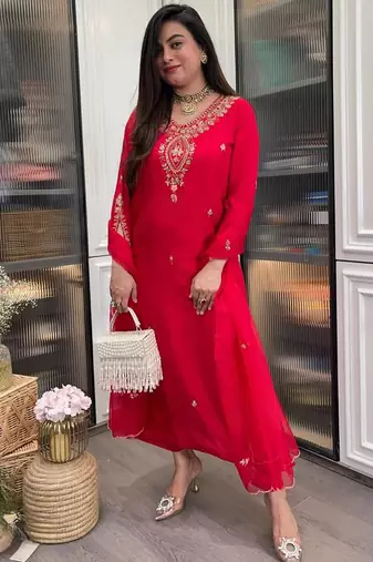 Red rayon heavy thread embroidery work kurta pant set