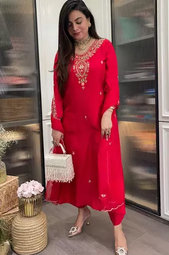 Red rayon heavy thread embroidery work kurta pant set