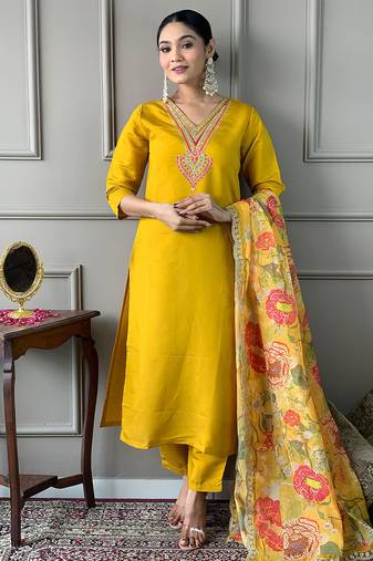 Mustard chanderi heavy thread embroidery work with printed dupatta kurta pant set