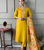 Mustard chanderi heavy thread embroidery work with printed dupatta kurta pant set
