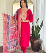 Rani pink chanderi silk heavy thread embroidery work with printed dupatta kurta pant set
