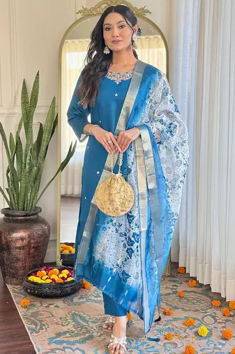 Blue roman silk heavy thread embroidery work with printed dupatta kurta pant set