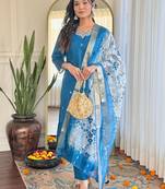 Blue roman silk heavy thread embroidery work with printed dupatta kurta pant set