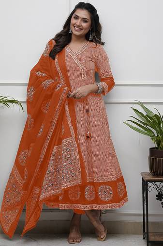 Orange cotton blend print with thread embroidery work kurta pant set
