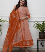 Orange cotton blend print with thread embroidery work kurta pant set