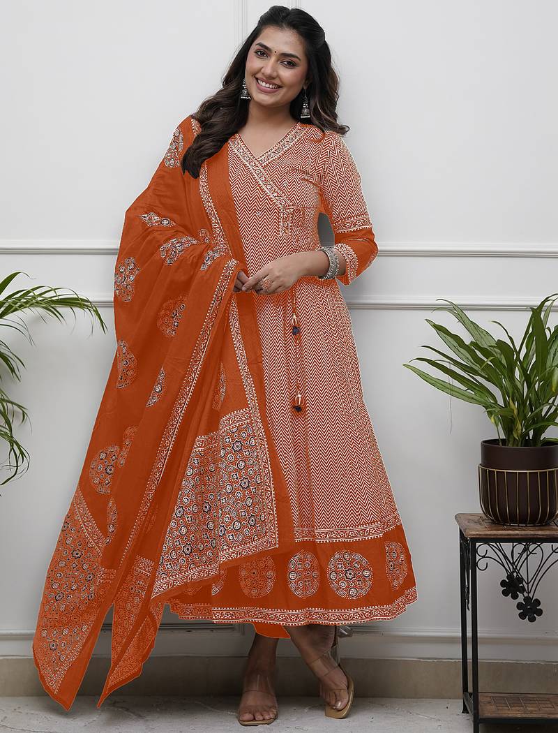 Orange cotton blend print with thread embroidery work kurta pant set