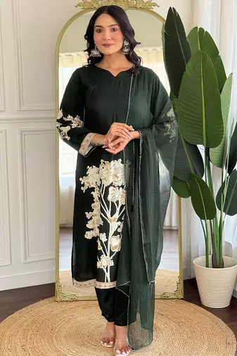 Dark green pure viscose rayon printed kurta pant set