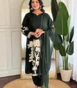 Dark green pure viscose rayon printed kurta pant set