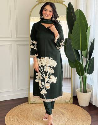 Dark green pure viscose rayon printed kurta pant set 2