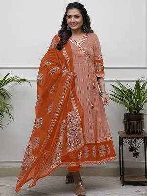Orange cotton blend print with thread embroidery work kurta pant set 2