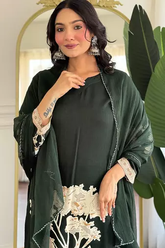Dark green pure viscose rayon printed kurta pant set