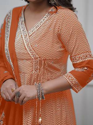 Orange cotton blend print with thread embroidery work kurta pant set 4