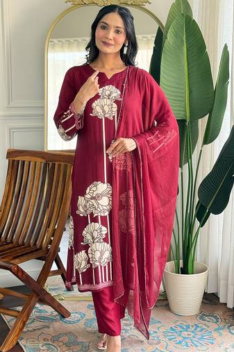 Maroon pure viscose rayon printed kurta pant set