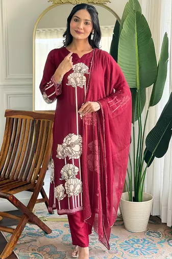 Maroon pure viscose rayon printed kurta pant set