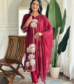 Maroon pure viscose rayon printed kurta pant set