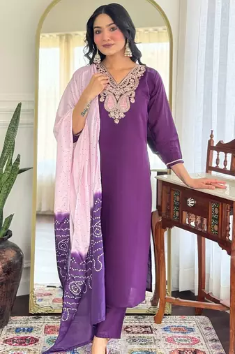 Purple chanderi silk heavy thread embroidery work with printed dupatta kurta pant set