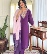 Purple chanderi silk heavy thread embroidery work with printed dupatta kurta pant set