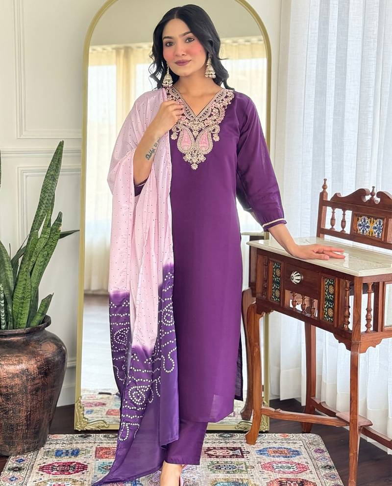 Purple chanderi silk heavy thread embroidery work with printed dupatta kurta pant set