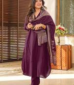 Wine south cotton plain kurta pant with printed dupatta kurta pant set