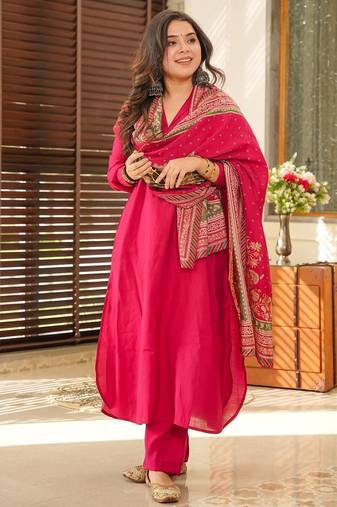 Rani pink south cotton plain kurta pant with printed dupatta kurta pant set