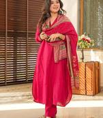 Rani pink south cotton plain kurta pant with printed dupatta kurta pant set