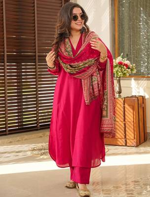 Rani pink south cotton plain kurta pant with printed dupatta kurta pant set 2