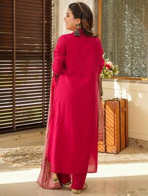 Rani pink south cotton plain kurta pant with printed dupatta kurta pant set 3