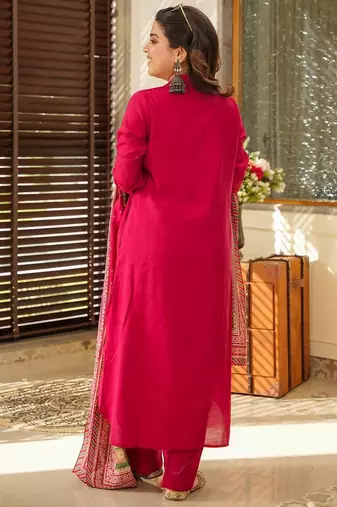 Rani pink south cotton plain kurta pant with printed dupatta kurta pant set