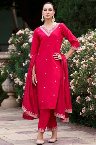 Red rayon slub heavy thread embroidery work kurta pant set