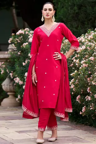 Red rayon slub heavy thread embroidery work kurta pant set