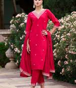 Red rayon slub heavy thread embroidery work kurta pant set