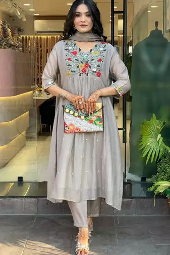 Grey chinon viscose heavy thread embroidery work kurta pant set