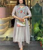 Grey chinon viscose heavy thread embroidery work kurta pant set