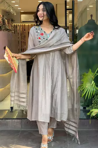 Grey chinon viscose heavy thread embroidery work kurta pant set