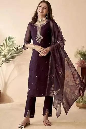 Wine chanderi heavy thread embroidery sequins work with printed dupatta kurta pant set