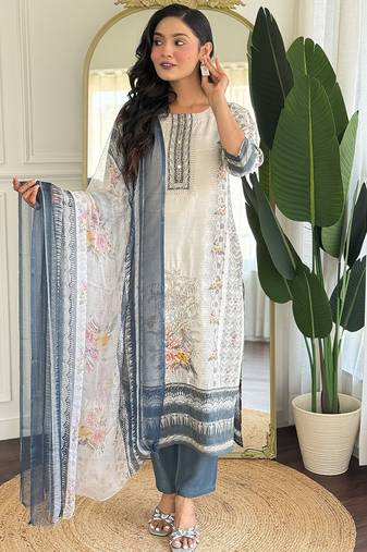 Off white viscose modal print with hand work kurta pant set