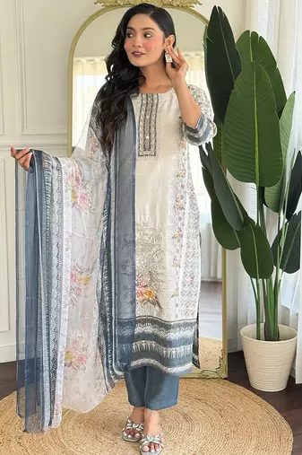 Off white viscose modal print with hand work kurta pant set