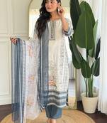 Off white viscose modal print with hand work kurta pant set