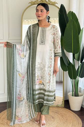 Off white viscose modal print with hand work kurta pant set