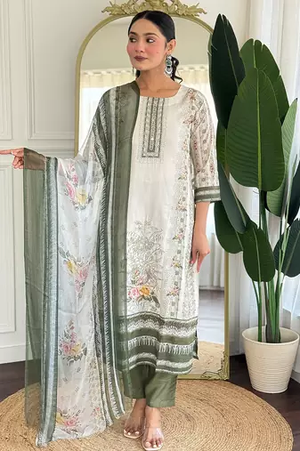 Off white viscose modal print with hand work kurta pant set