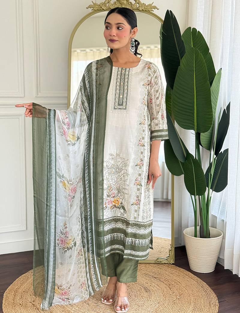 Off white viscose modal print with hand work kurta pant set
