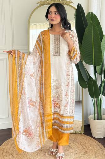 Off white viscose modal print with hand work kurta pant set