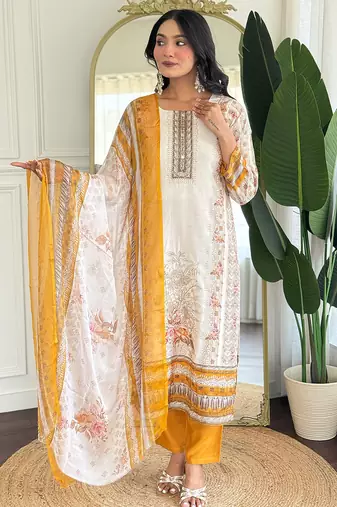 Off white viscose modal print with hand work kurta pant set