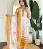 Off white viscose modal print with hand work kurta pant set