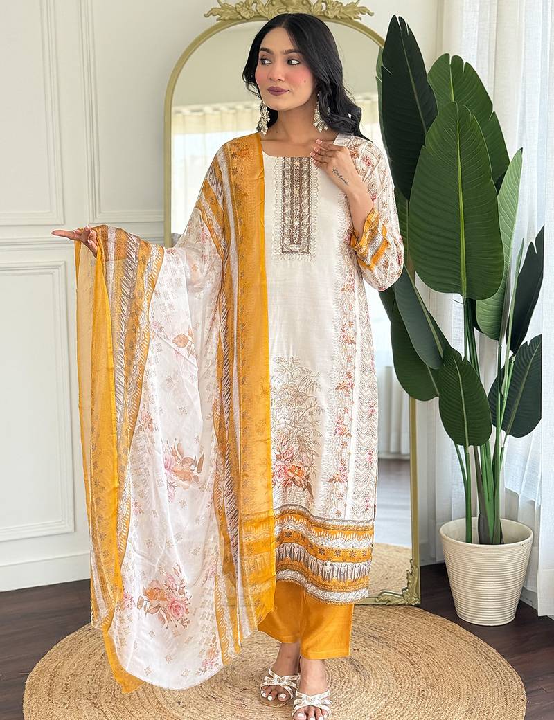 Off white viscose modal print with hand work kurta pant set